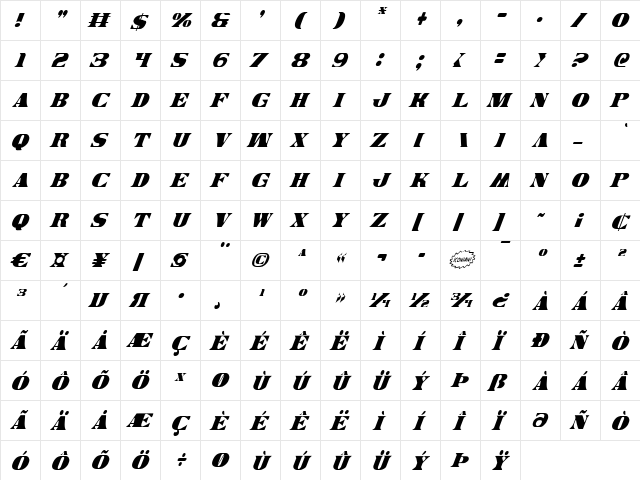 Legal Tender Condensed Italic Condensed Italic  glyph index