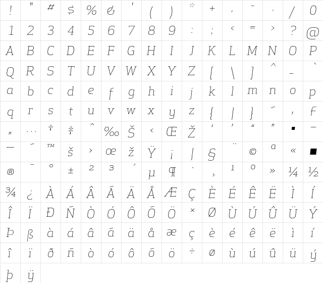 Apex Serif Light Italic Regular  glyph index