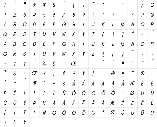 SF Buttacup Lettering Oblique  glyph index