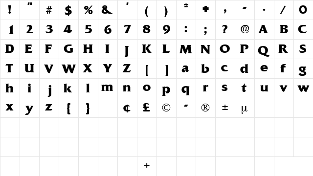 AnticlaireDisplaySSK Regular  glyph index