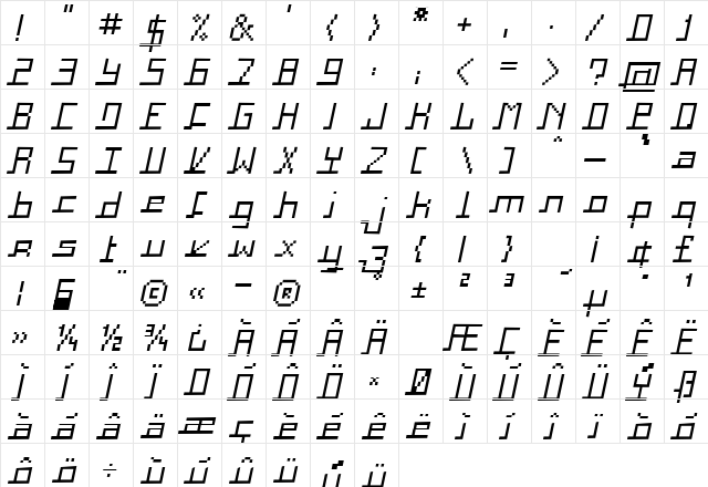 Square Italic  glyph index