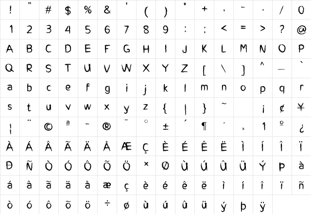 Charcoal Child Regular  glyph index