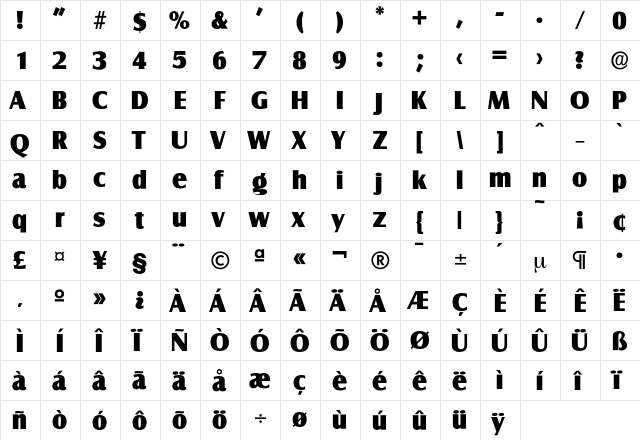 Salzburg-ExtraBold Regular  glyph index