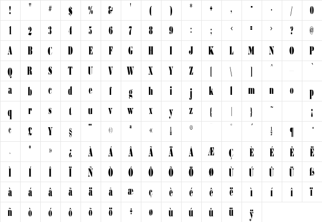 Bodoni-UltraCondensed Roman  glyph index