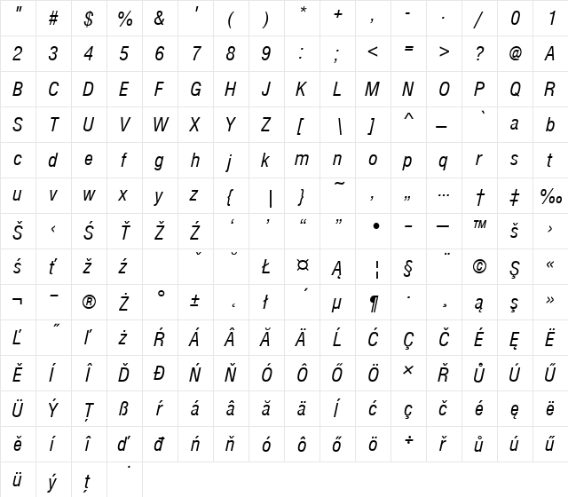 NimbuSanDEECon Italic  glyph index