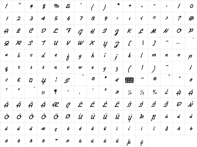 Gallante Regular  glyph index