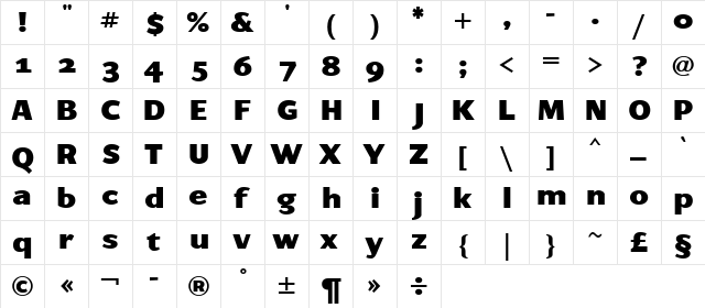 ArtemiusSans SN Black TT Regular  glyph index