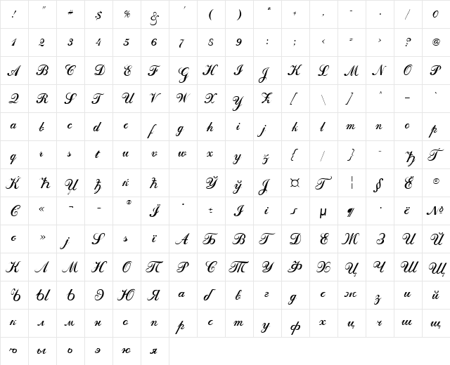 Bulgarian Kursiv Italic  glyph index