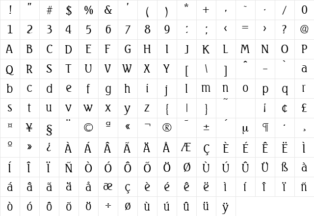 Seagull-Serial-Light Regular  glyph index