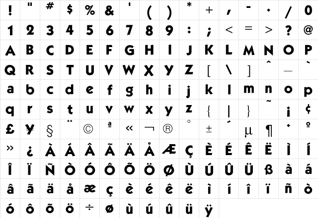 Kabel Bold  glyph index