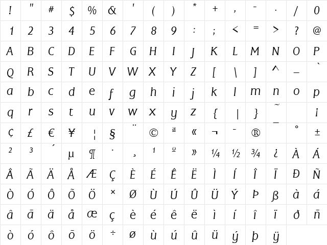 Frascati-Light Italic  glyph index