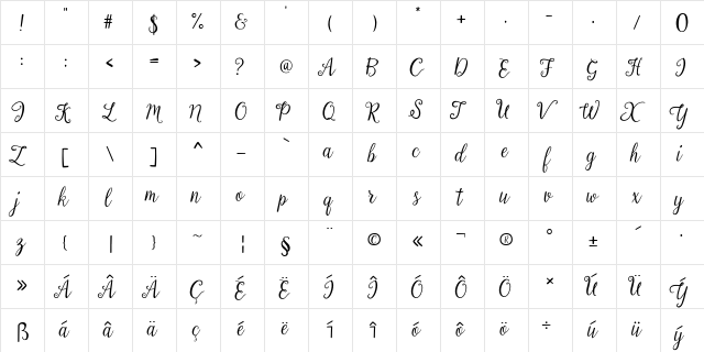 Calista Regular  glyph index