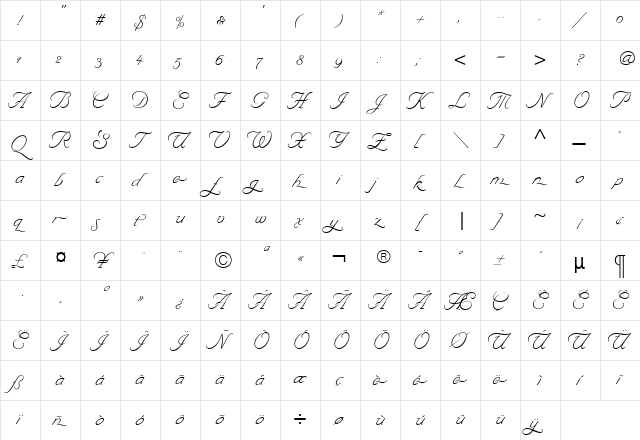 ByronLightSwash Roman  glyph index