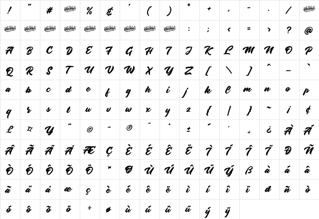Radens Regular  glyph index