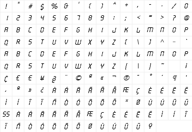 FutyBecker Italic  glyph index