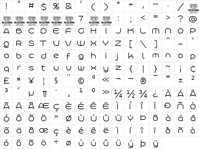 Roona Sans Light PERSONAL Regular  glyph index