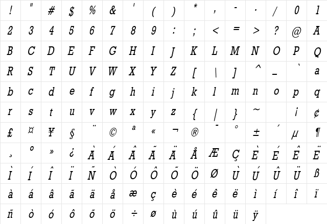 Geo 986 Thin Italic  glyph index