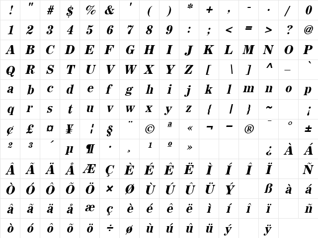 Sachem Bold-Oblique  glyph index