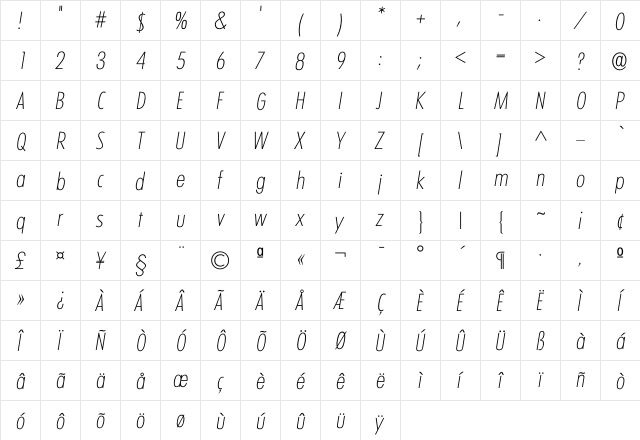 Iclimerick Xlight  glyph index