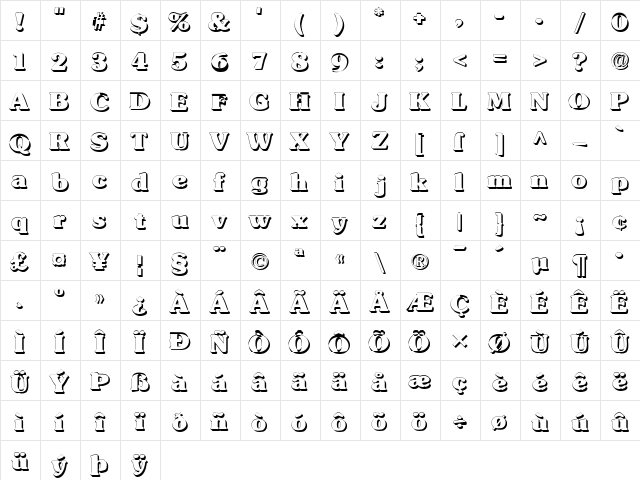 Subway Shadow Regular  glyph index