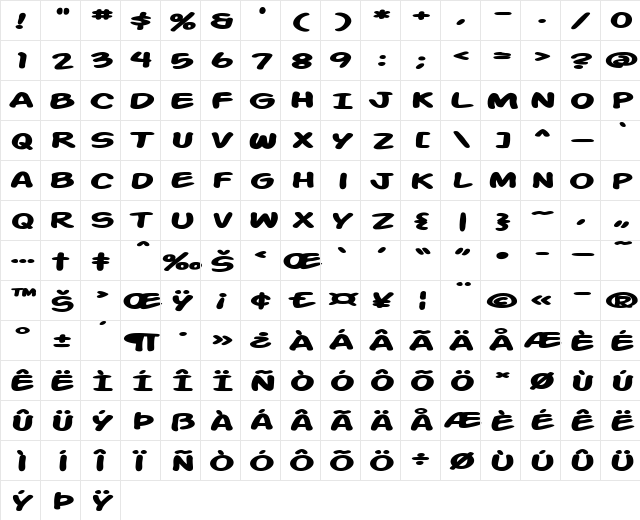 Action Man Extended Bold  glyph index