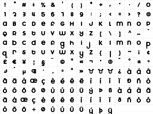 Marshmallow Regular  glyph index