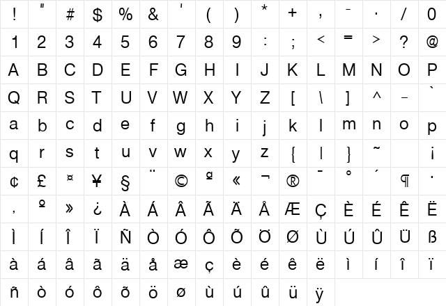 Basic Sans SF Regular  glyph index