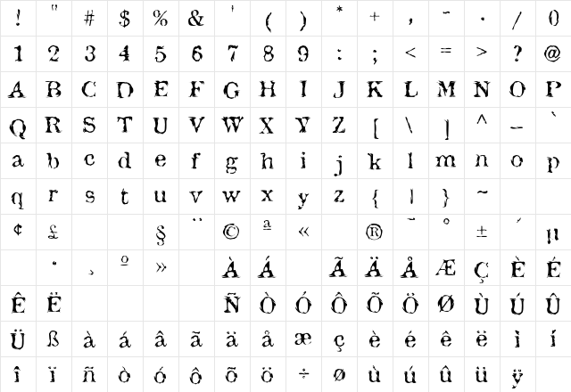 Jack the Hipper Regular  glyph index