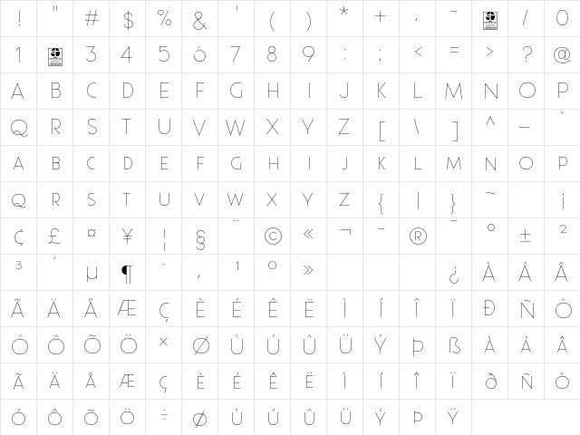 Pages Grotesque Thin Demo Regular  glyph index