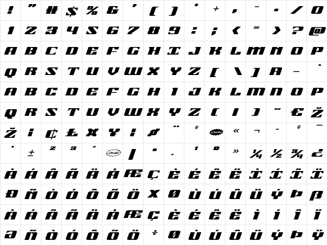 21 Gun Salute Expanded Italic Expanded Italic  glyph index