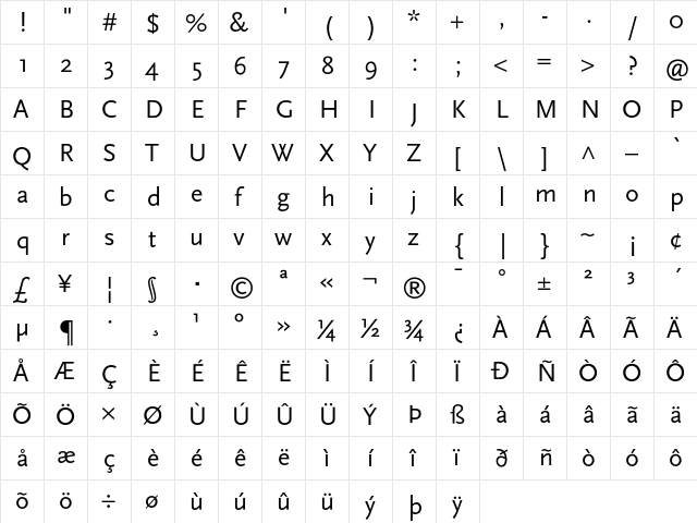 Scala Sans Regular  glyph index