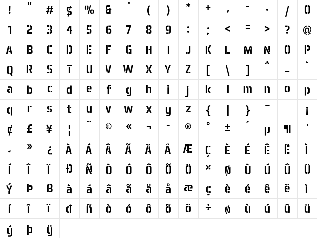 Aero Matics Stencil Regular  glyph index