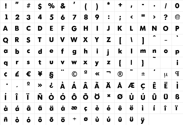 MontrealSerial-Xbold Regular  glyph index