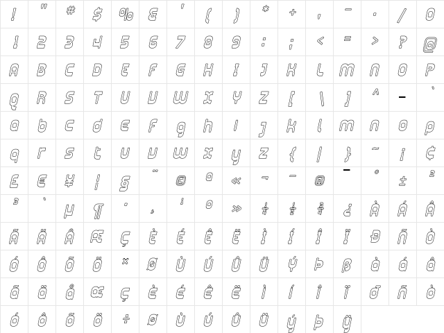Plasmatica Outline Italic  glyph index