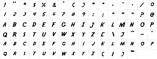 Slanted Regular  glyph index