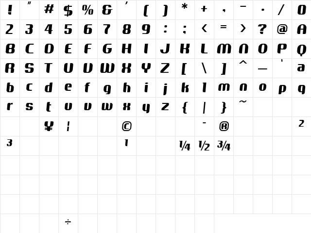 Cameliabold Regular  glyph index