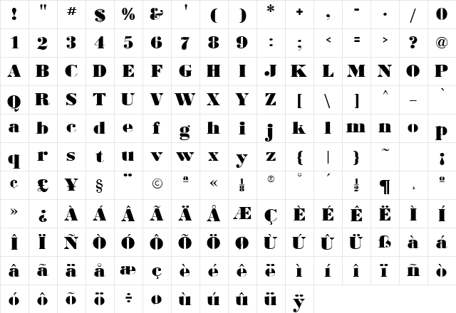 BostonianUltra Regular  glyph index