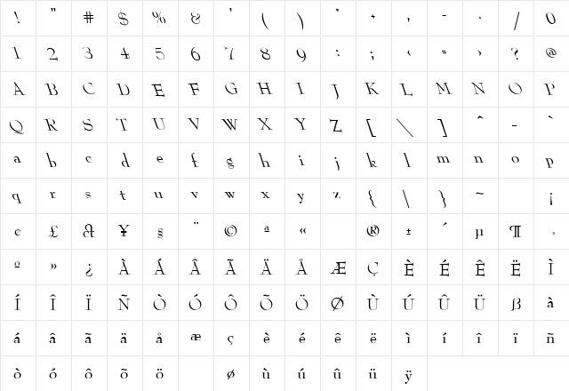 Reed Lefty Regular  glyph index