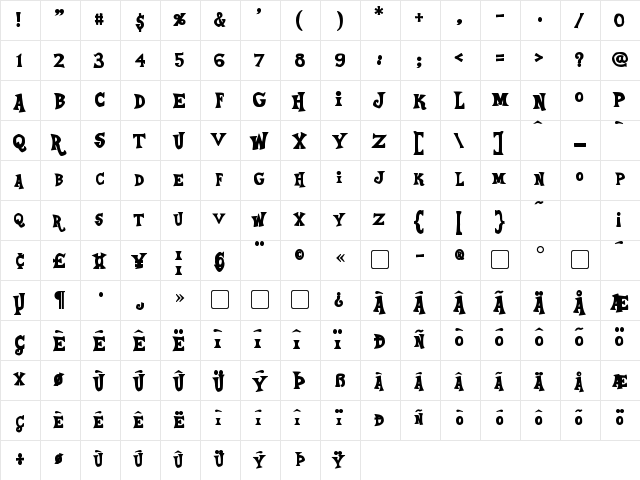 Equestria Bold  glyph index