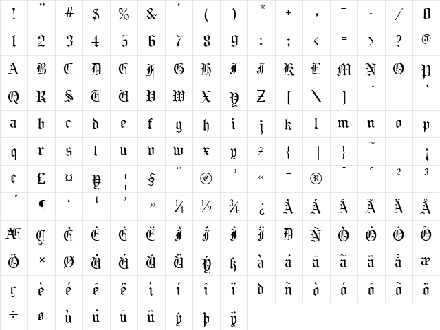 BeneScriptine Regular  glyph index