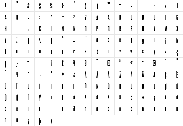 AgencyFB Bold Comp Regular  glyph index