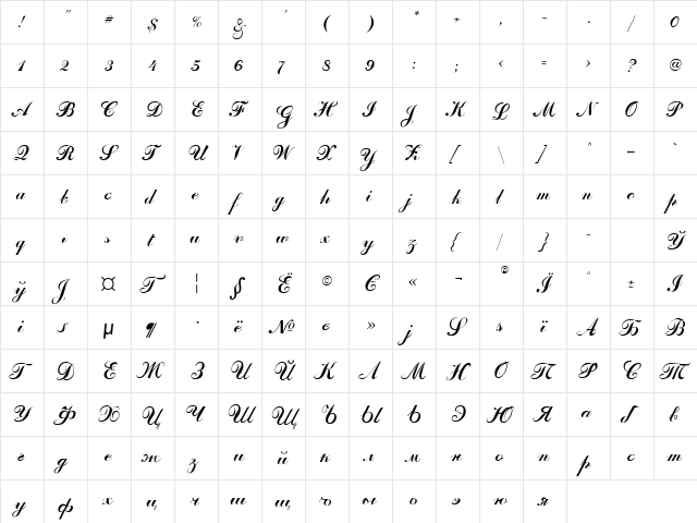 OdesaScript Regular  glyph index