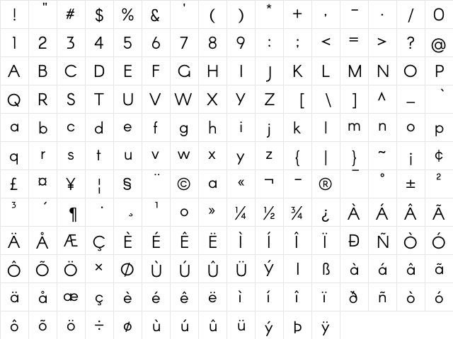 Arcon Regular  glyph index