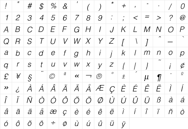 Hallmarke LightOblique  glyph index