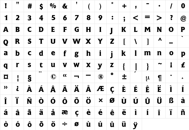 Flange BQ Regular  glyph index