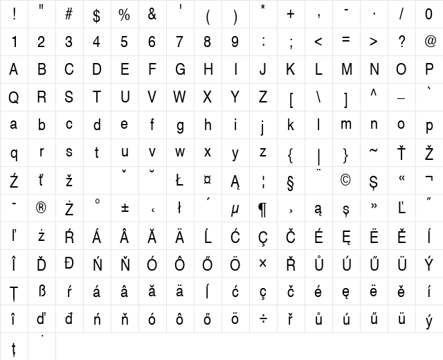 Helvetica Narrow CE Regular  glyph index