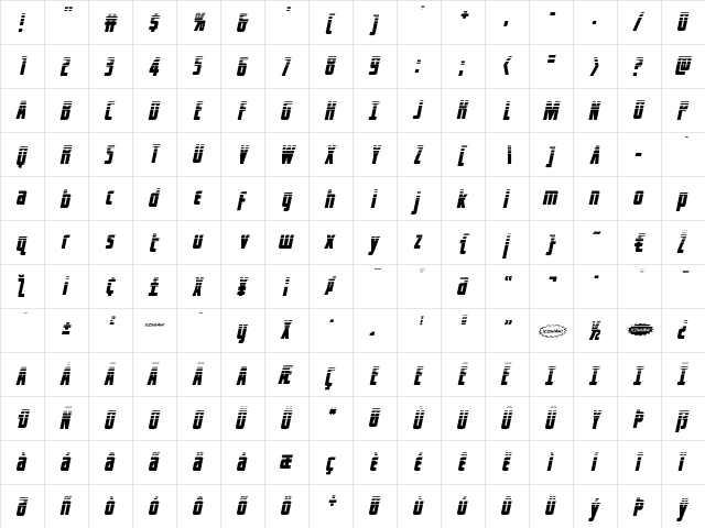Captain Canaveral HalftoneItal Italic  glyph index
