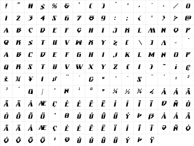 Eternal Knight Laser Italic Italic  glyph index