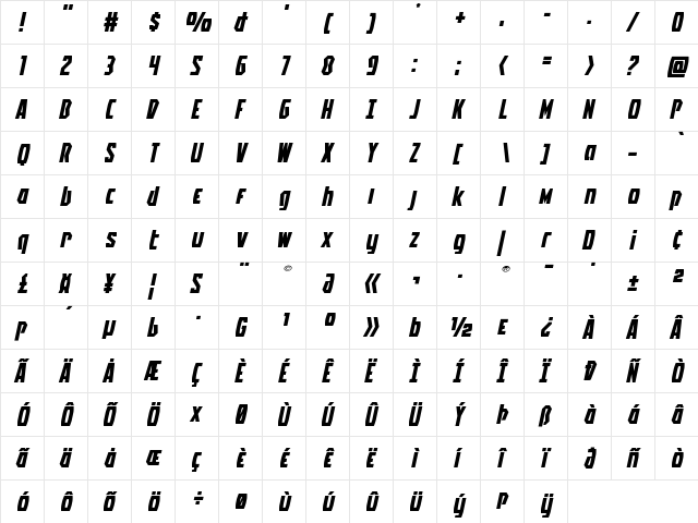 Battleworld Extra-Expanded Italic Extra-Expanded Italic  glyph index