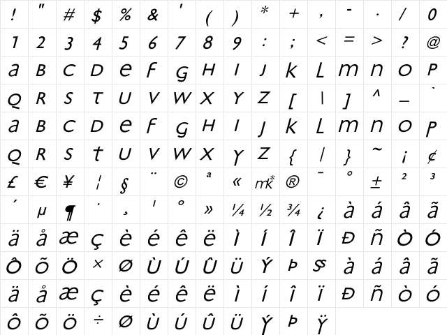 Bradbury-Oblique Regular  glyph index